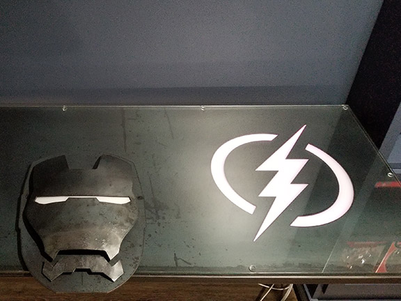 Marvel logos desk close-up