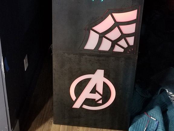 Marvel logos desk close-up